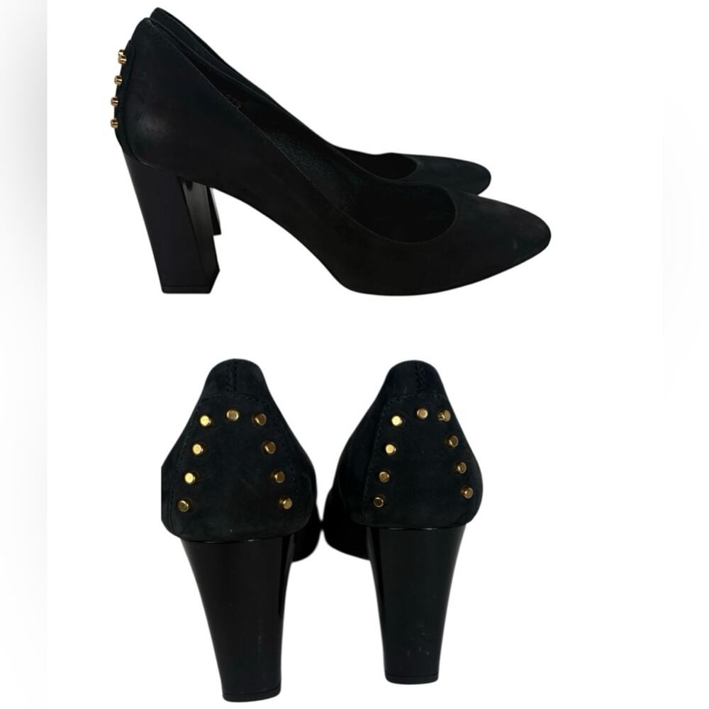 Tod's Black Nubuck Gold Studded Block Heel Round Toe Pumps Size 37 1/2  / 7.5 US